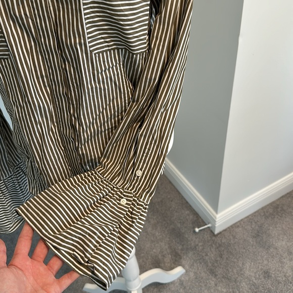 FRAME | Dark Sage & White Stripe Fitted Button Down with Bell Sleeves. - Picture 8 of 8